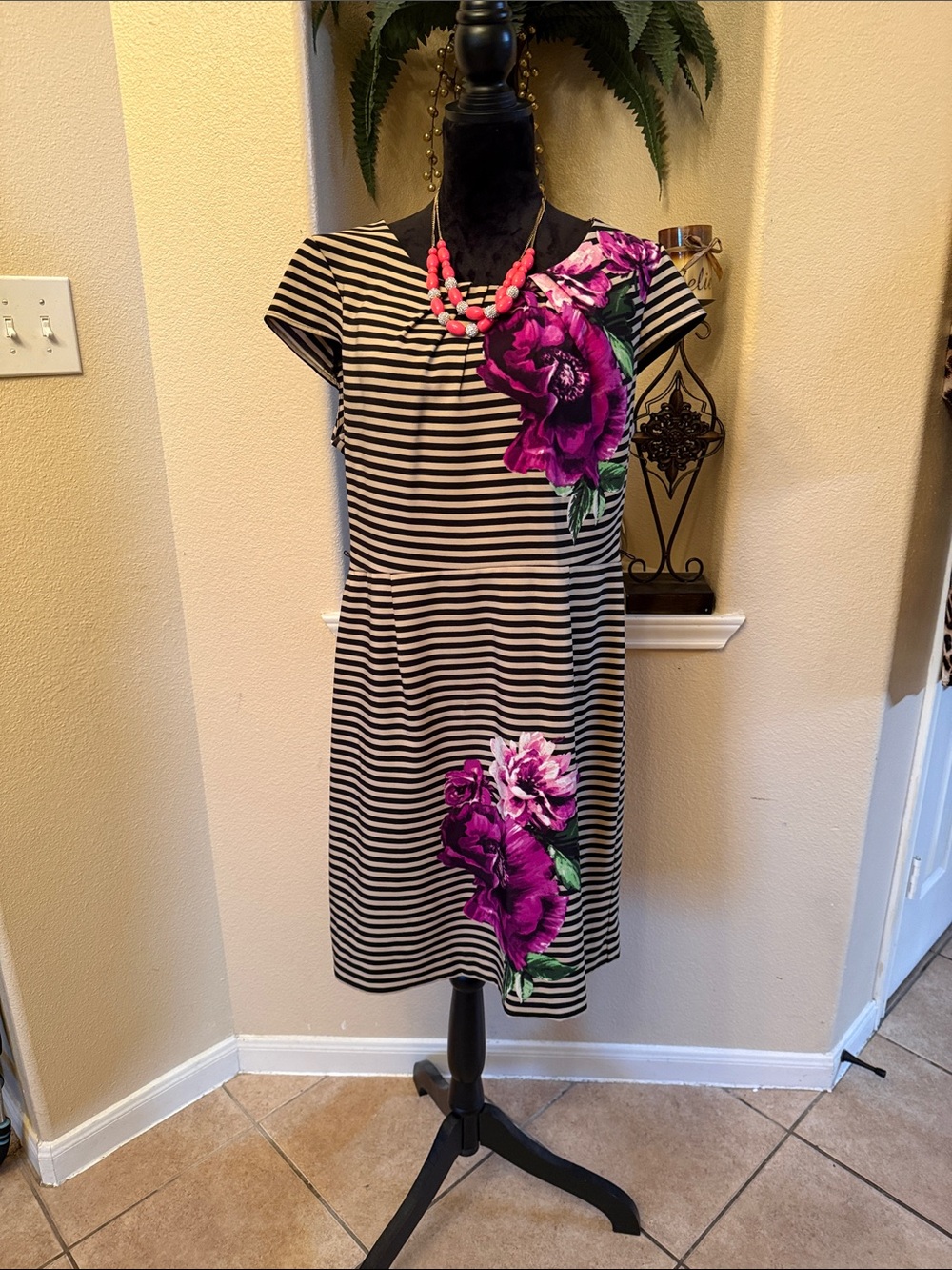 Shelby & Palmer Black and White Striped Dress with Purple Floral Accents